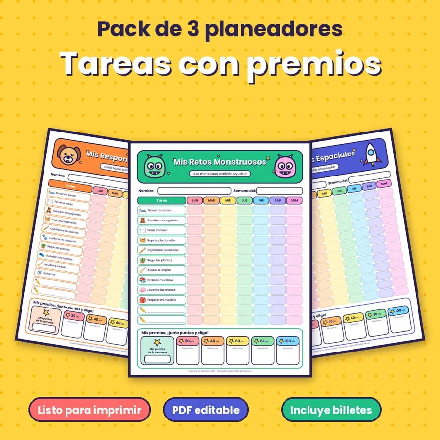 Pack de 3 planeadores de tareas con premios: perritos, monstruos y espacio